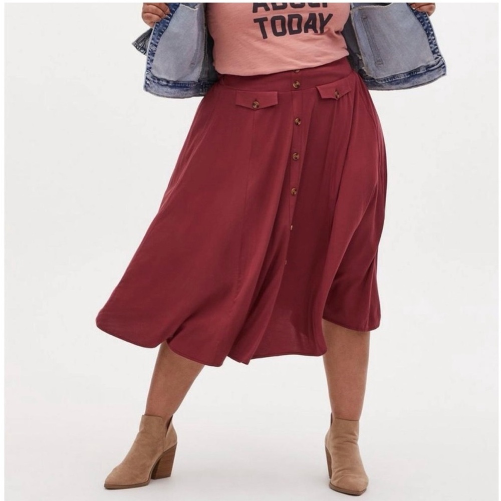 Torrid Women's Dark Red Maroon‎ High Waist Button Midi Skirt Sz 0